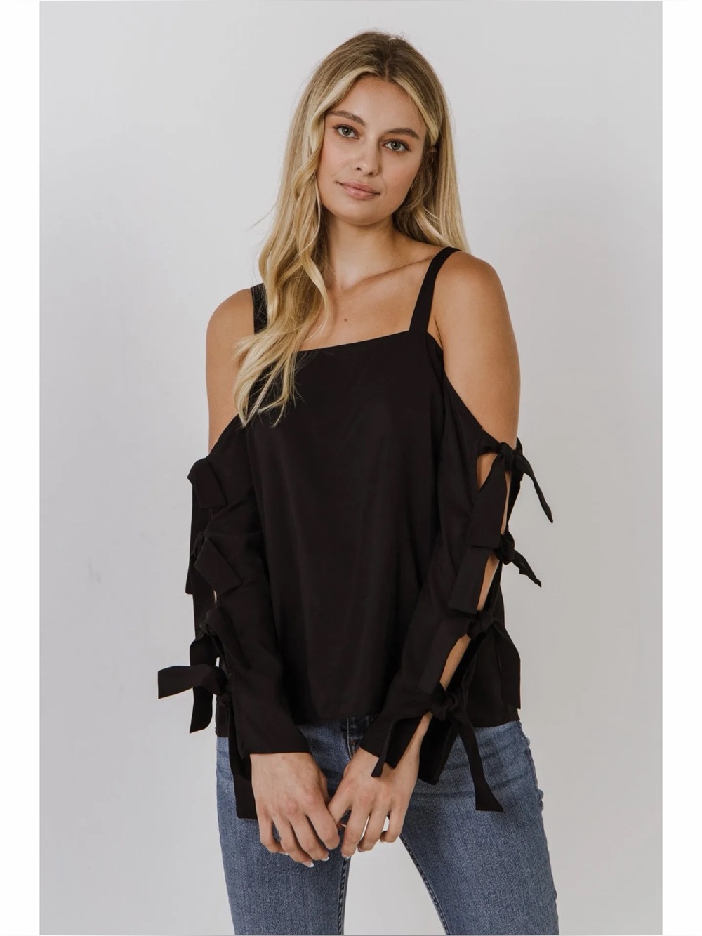 Endless Rose Cold Shoulder Top with Tied Ribbon Sleeve in Black